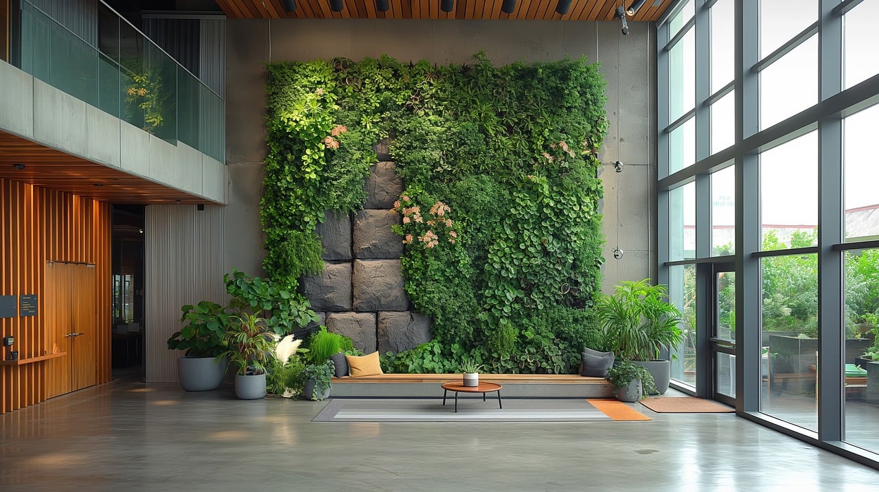 a vertical container garden in a conservatory space